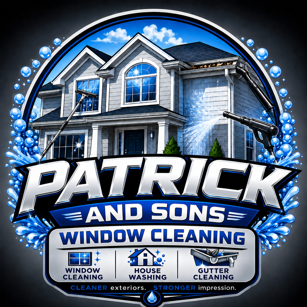 Patrick and Sons Window Cleaning logo, featuring a home, sparkling windows, and window, house, and gutter cleaning services
